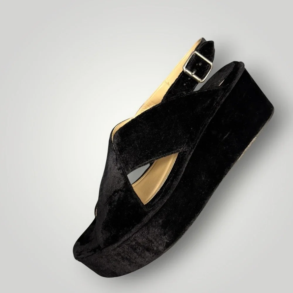 Theory Black Velvet Platform Wedge Slingback Sandals Made in Italy Size 40.5